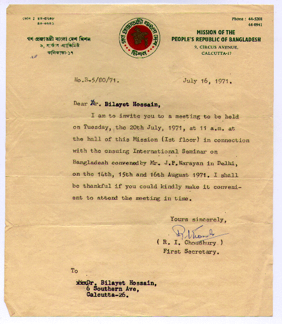 A letter to Dr. Hossain from the Secretary of the Bangladesh Mission in Calcutta